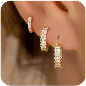 3 Pairs 14K Gold Hoop Earrings Hoops Earring Set Rhombus Diamond Jewelry